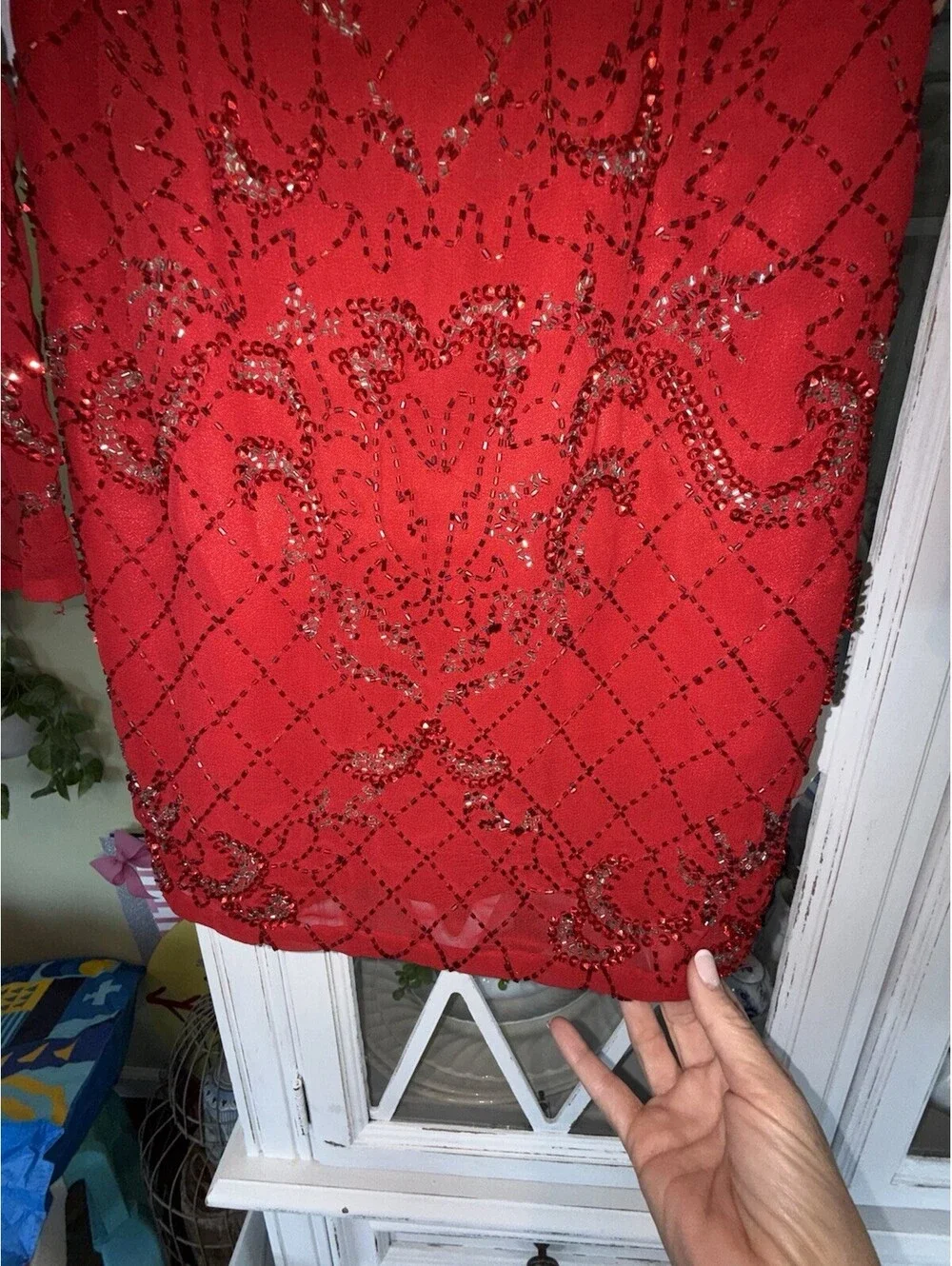 Shail K Formal Party Beaded Red Long sleeved Mini Dress Sz 0